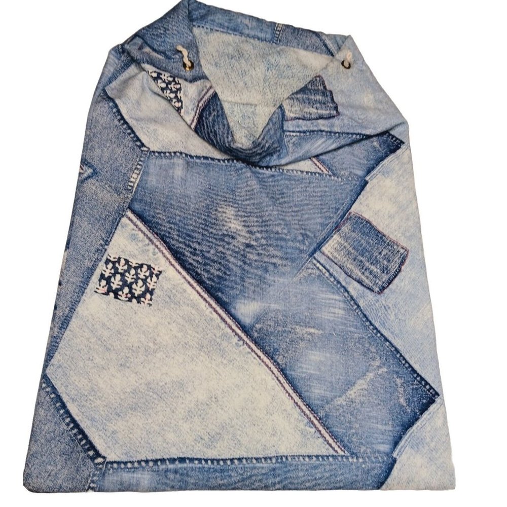Vintage Wamsutta Laundy Bag Blue Jean Crazy Quilt Print Drawstring READ